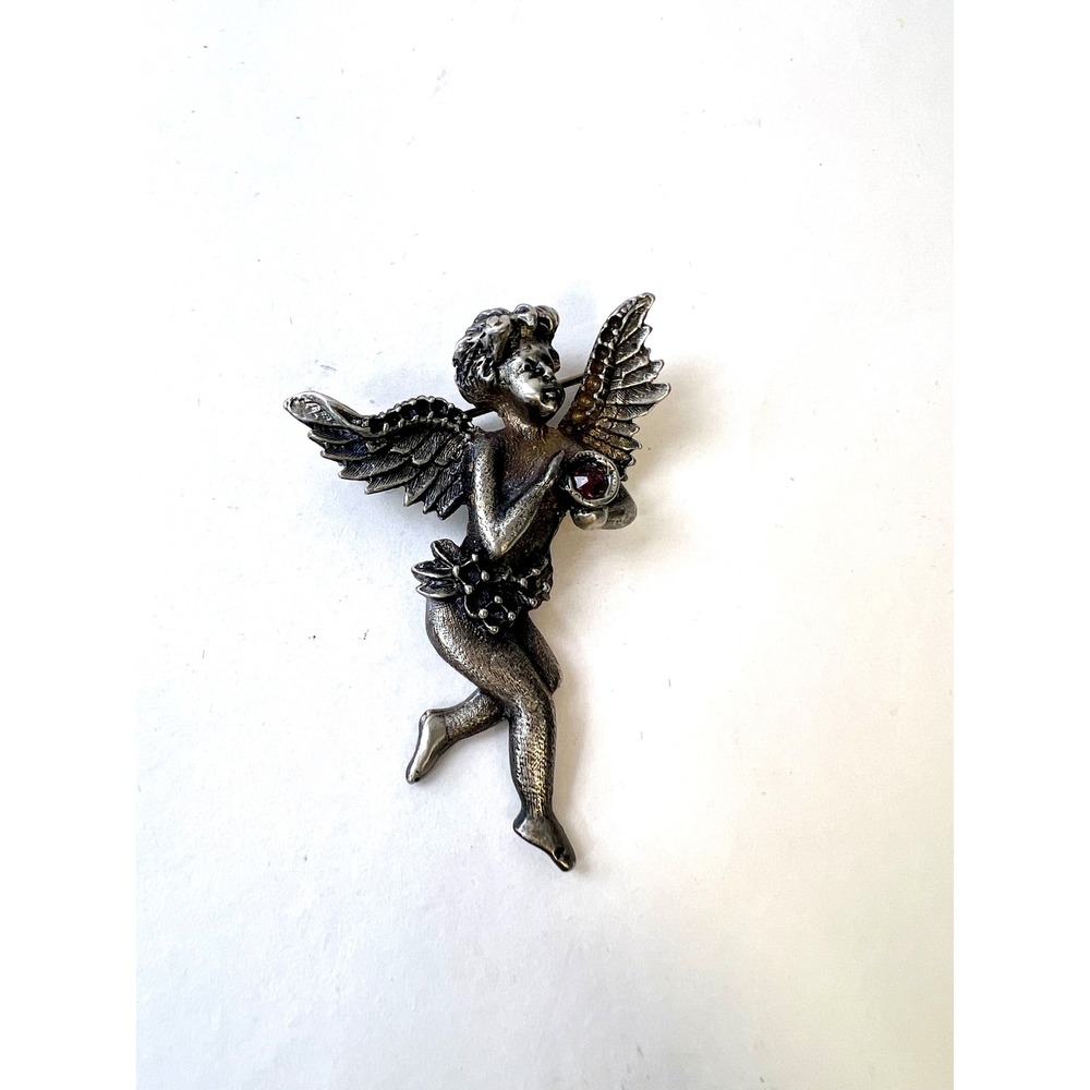 Vintage Style SilverTone Cherub Angel Brooch Red Rhinestone Black Crystal Cupid